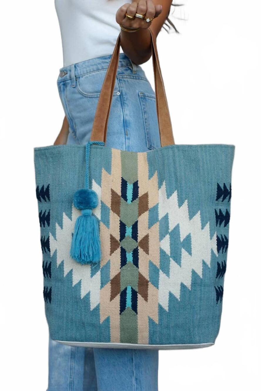 NEW PANACHE APPAREL women's boho pom tassel tote in light blue, cream & tan